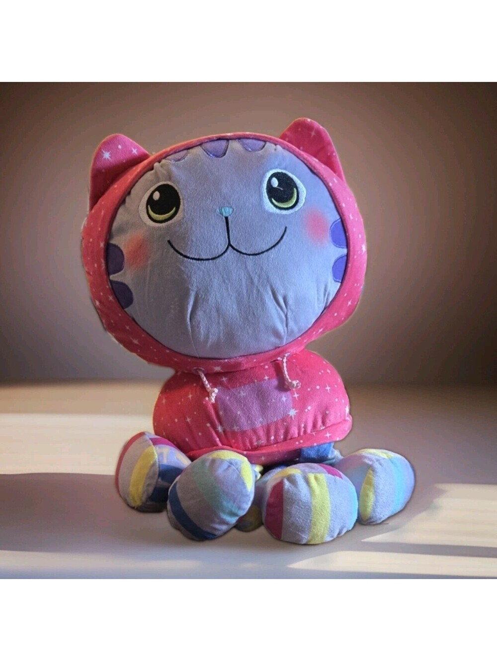 DreamWork Gabbys Dollhouse 19” Pink CUDDLE PILLOW Stuffed Animal Cat Purple Face